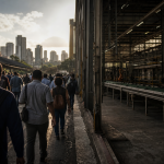 Trabalhadores circulam em área urbana enquanto o mercado de trabalho brasileiro enfrenta contraste entre ocupação recorde e desaceleração do emprego formal