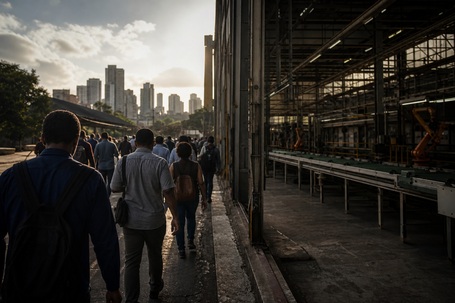 Trabalhadores circulam em área urbana enquanto o mercado de trabalho brasileiro enfrenta contraste entre ocupação recorde e desaceleração do emprego formal