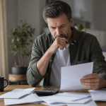 Pessoa analisando contas e documentos financeiros sobre uma mesa, em ambiente doméstico, sem textos legíveis ou logotipos