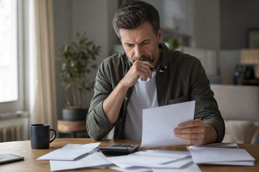 Pessoa analisando contas e documentos financeiros sobre uma mesa, em ambiente doméstico, sem textos legíveis ou logotipos