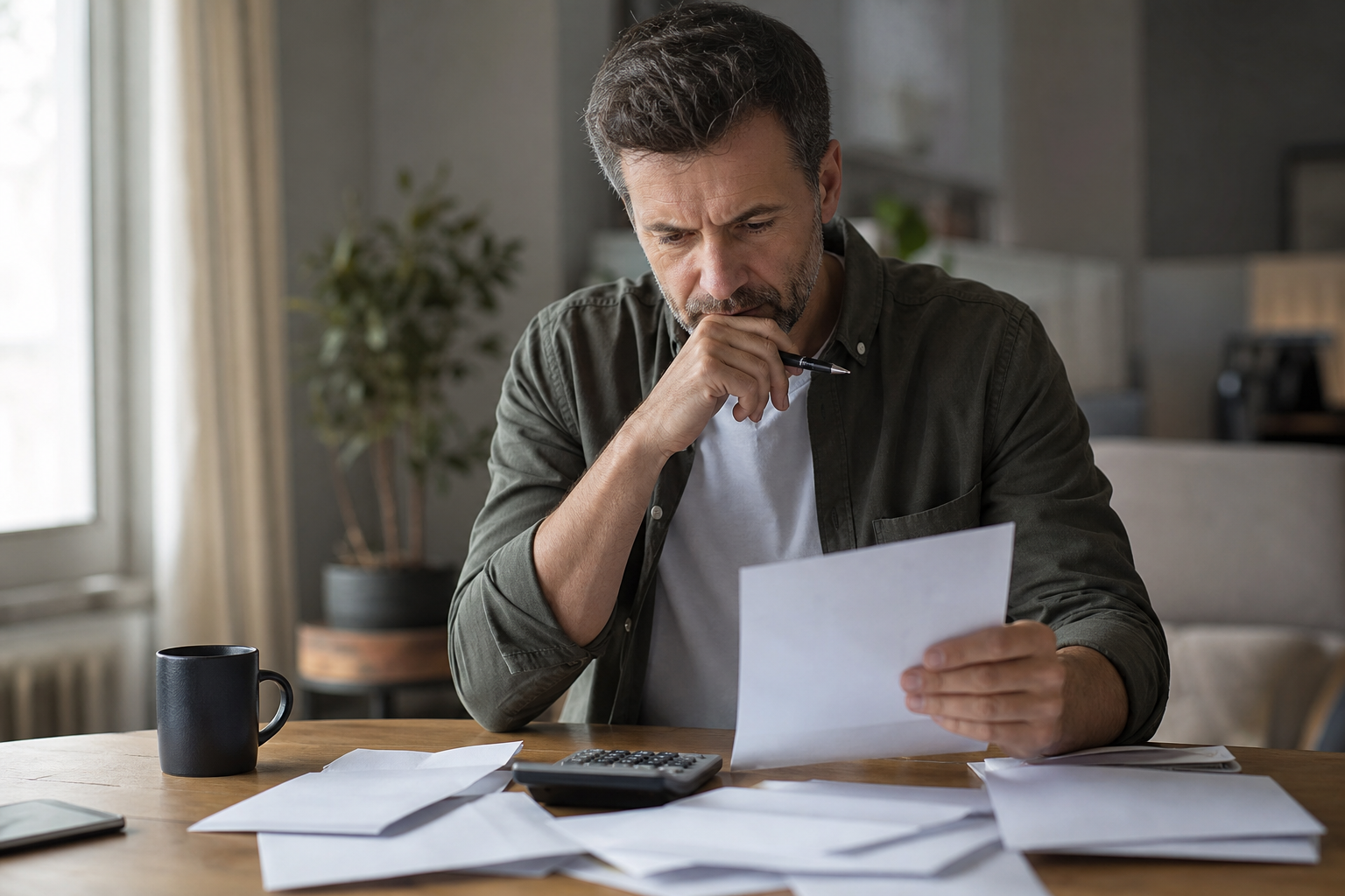 Pessoa analisando contas e documentos financeiros sobre uma mesa, em ambiente doméstico, sem textos legíveis ou logotipos