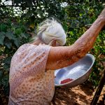 Mulher idosa cuida de uma horta ao ar livre em Três Lagoas, no Brasil.